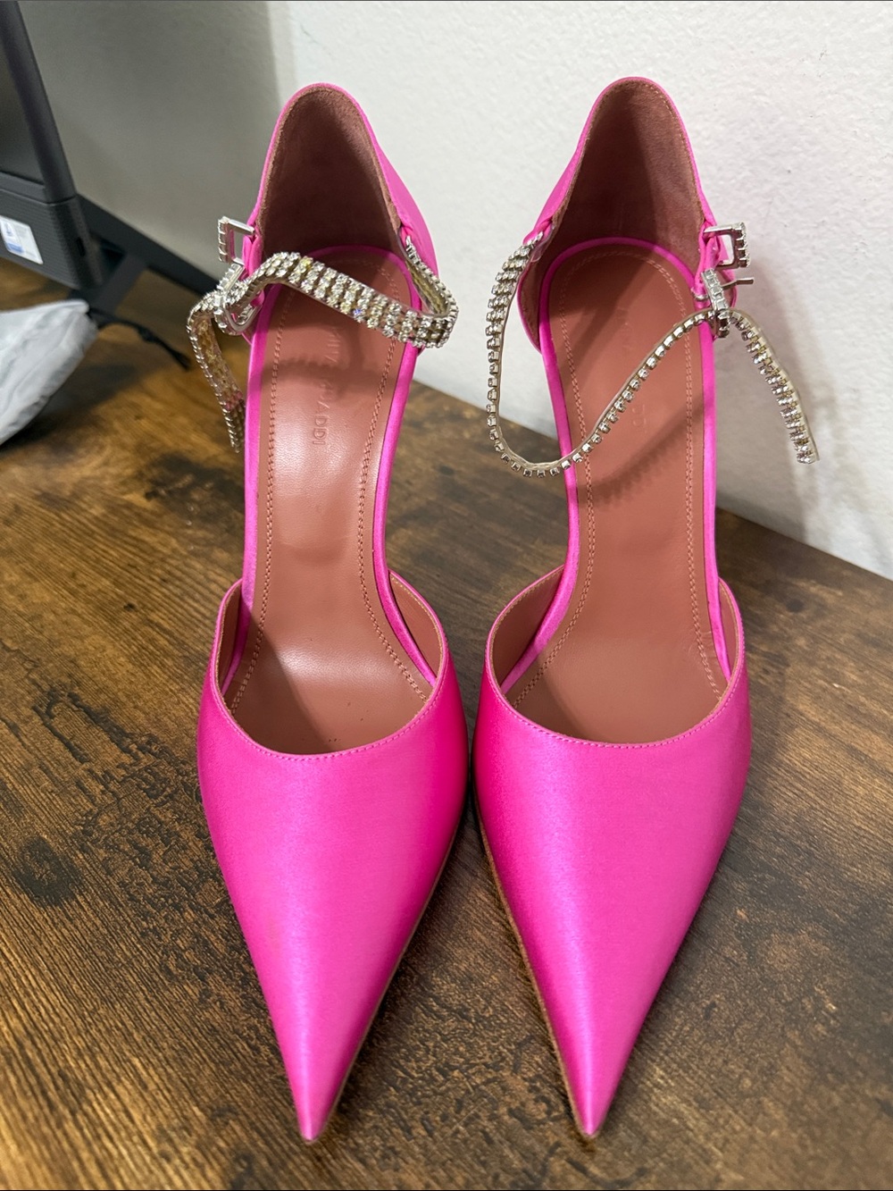 Amina Muaddi Fuchsia Satin Pointed-Toe Heels with Crystal Ankle Straps